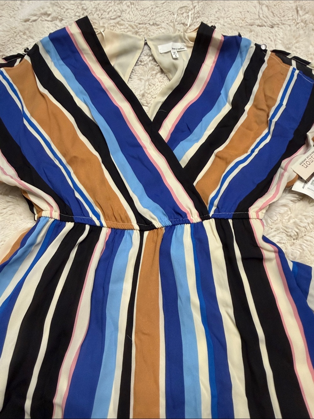 june & hudson Striped V-Neck Jumpsuit in Blue, Black & Tan